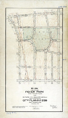 Plan (alternate image), Plan for placing Fisher Park upon the City Plan and revising the lines and grades upon a portion of City Plan No. 239, Forty-second Ward, Philadelphia [Fisher Park ordinance, March 29, 1909; revision ordinance Dec. 1, 1910; survey returned and plan confirmed June 19, 1911]