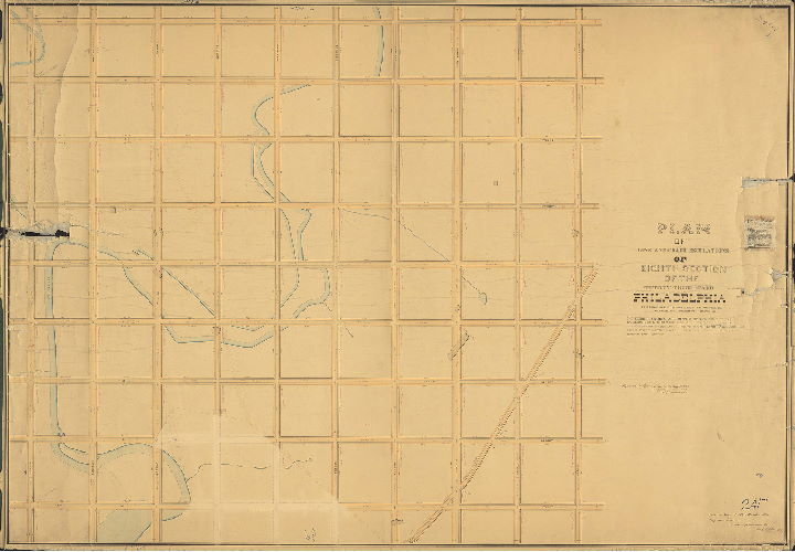 Plan (alternate image), Plan of line and grade regulations of Eighth Section of the Twenty-third Ward Philadelphia, prepared in accordance with an ordinance of Councils approved February 16, 1869. [Attachment: 1871 newspaper notice for plan]