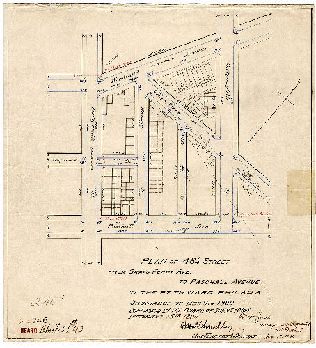 Plan, Plan of 48-1/4 Street from grays Ferry Ave. to Paschall Avenue in the 27th Ward Philada. [Ordinance Dec. 9, 1778; survey returned Jan. 27, 1890; confirmed Sept. 15, 1890]