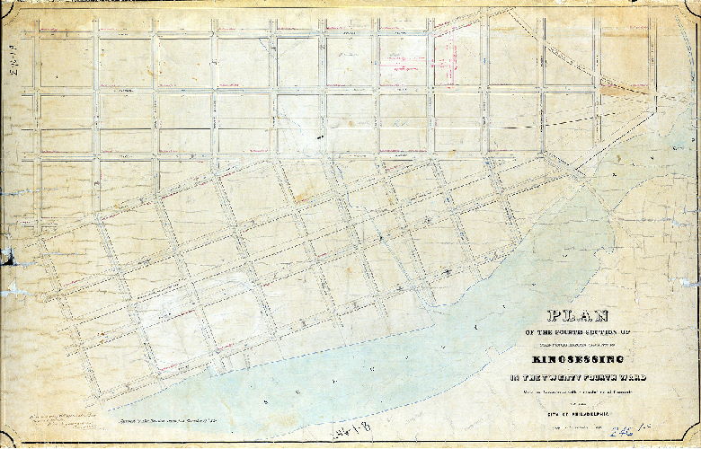Plan (alternate image), Plan of the Fourth Section of the survey and regulation of Kingsessing in the Twenty-fourth Ward [Resolution Nov. ?, 1858; Approved by Board of Surveyors Dec. 19, 1870; confirmed by Court May 15, 1871]