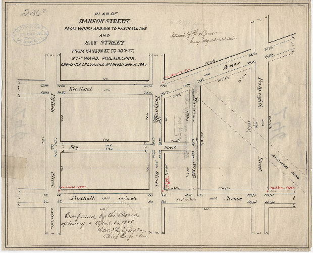 Plan, Plan of Hanson Street from Woodland Ave. to Paschall Ave. and Say Street from Hanson St. to 50th St. 27th Ward, Philadelphia. [Ordinance Nov. 25,1884; confirmed April 20, 1885]