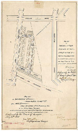 Plan, Plan of Paschall Avenue from 45-1/2 to 46th St. in the 27th Ward Philadelphia [Ordinance March 30, 1889; confirmed June 3, 1889] [AND] Plan of Saybrook St. from 45-1/2 St. to 46th St., and 45-1/2 St. from Saybrook St. to Paschall Ave. in the 27th Ward Philad'a. [Ordinance Sept. 25, 1888; survey returned Dec. 3, 1888; confirmed May 20, 1889]