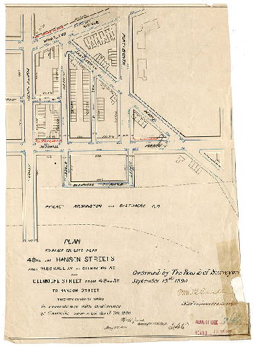 Plan, Plan to place on City Plan 48th and Hanson Streets from Paschall Av. To Glenmore St. and Glenmore St. from 48th St. to Hanson St., Twenty-seventh Ward [Ordinance April 7, 1890, survey returned May 27, 1890; confirmed Sept. 15, 1890]