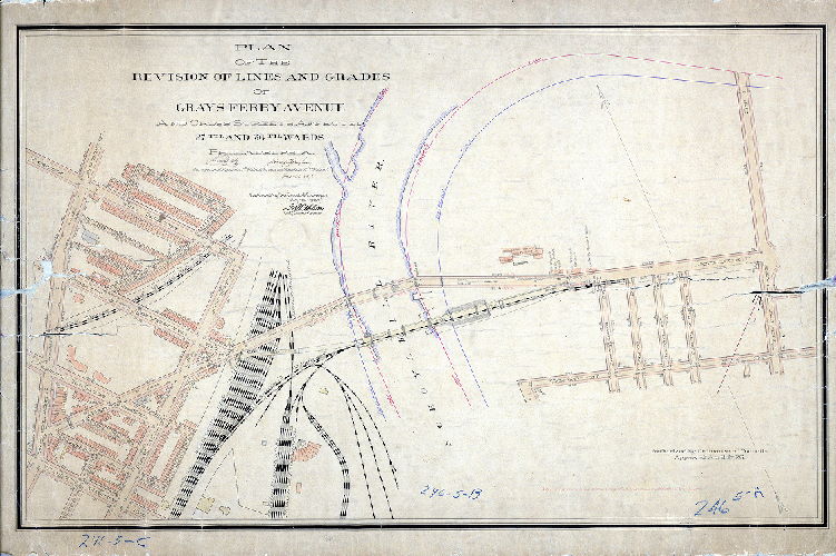 Plan (alternate image), Plan of the revision of lines and grades of Grays Ferry Avenue and cross streets affected. 27th and 36th Wards, Philadelphia [Ordinance April 6, 1897; survey returned and plan confirmed July 19, 1917]