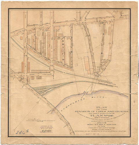 Plan, Plan of the revision of lines and grades of that portion of Plan No. 246 between Forty-seventh and Forty-second St, Woodland Ave. and the Schuylkill River in the Twenty-seventh Ward, Philadelphia [Ordinance Dec. 16, 1890; survey returned Nov. 1, 1892; confirmed March 20, 1899]