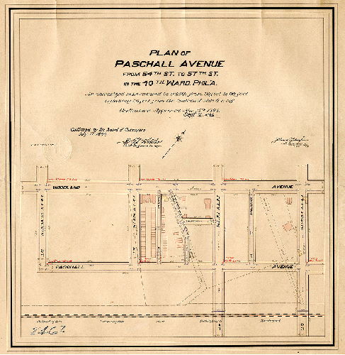 Plan, Plan of Paschall Avenue from 54th St. to 57th St. in the 40th Ward, Phil'a., as authorized to be reduced in width from 80 feet to 60 feet by taking 20 feet from the Southeast side thereof [Ordinances Sept. 12, 1892 and Nov. 15, 1898; survey returned Nov. 1898; confirmed July 17, 1899]