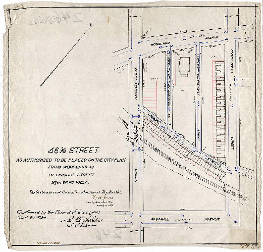 Plan, 46-3/4 Street as authorized to be placed on the City Plan from Woodland Av. To Linmore Street, 27th Ward Phila. [Ordinance Dec. 20, 1892; survey returned Feb. 8, 1893; confirmed April 2, 1894]