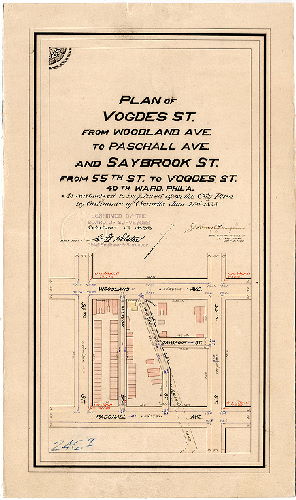 Plan, Plan of Vogdes St. from Woodland Ave. to Paschall Ave. and Saybrook St. from 55th St. to Vogdes St., 40th Ward, Phil's. [Ordinance June 2, 1898; survey returned July 11, 1898; confirmed Oct. 17, 1898]