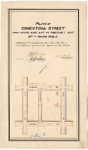Plan, Plan of Conestoga Street from Woodland Ave. to Paschall Ave., 27th Ward, Phila. [Ordinance July 9, 18907; survey returned July 1897; confirmed Dec. 6, 1897]