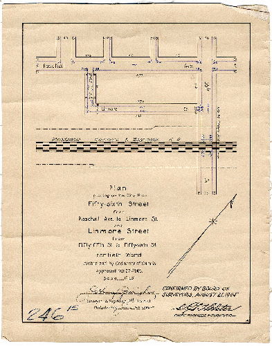 Plan, Plan placing on City Plan Fifty-sixth Street from Paschall Ave. to Linmore sty. and Linmore Street from Fifty-fifth St. to Fifty-sixth St. [Ordinance Feb. 27, 1905; survey returned June 22, 1905; confirmed Aug. 21, 1905]