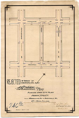 Plan, Plan placing upon City Plan Paxon Street from Woodland Ave. to Paschall Ave., 27th Ward, Philada. [Ordinance Jan. 17, 1898; survey returned March 7, 1898; rejected by Board of Surveyors April 18, 1910]