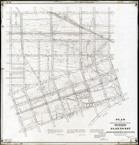 Plan, Plan of the revision of lines and grades with topography upon the streets of Plan No. 247 in the Twenty-seventh Ward Philadelphia [Ordinance Dec. 24, 1887; survey returned Jan. 21, 1889; confirmed 1889 to 1892]
