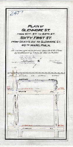 Plan, Plan of Glenmore St. from 61st St. to 62nd St., Sixty-first St. from Grays Av. to Glenmore St., 40th Ward, Phil'a., as authorized to be placed upon the City Plan by ordinance of Councils Dec. 20th 1898 [Survey returned Jan. 3, 1899; confirmed April 24, 1899]