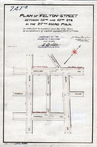 Plan, Plan of Felton Street between 62nd and 63rd Sts. In the 27th Ward, Phil'a., as authorized to be placed upon the City Plan by ordinance of Councils April 13th 1896 [Survey returned May 4, 1896; confirmed June 29, 1896]