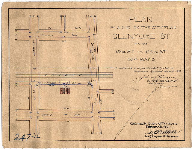 Plan, Plan placing on the City Plan Glenmore St. from 62nd St. to 63rd St., 40th Ward, as authorized to be placed upon the City Plan by ordinance approved June 11, 1903 [Survey returned July 27, 1903; confirmed Feb. 21, 1910]
