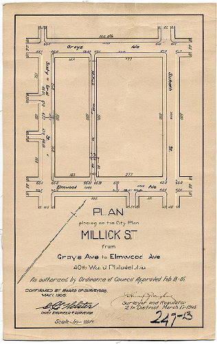 Plan, Plan placing on the City Plan Millick Street from Grays Ave. to Elmwood Ave., 40th Ward Philadelphia [Ordinance Feb. 13, 1905; survey returned March 17, 1905; confirmed May 1, 1905]