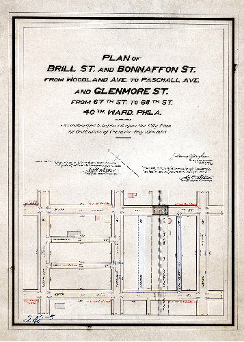 Plan, Plan of Brill St. and Bonnaffon St. from Woodland Ave. to Paschall Ave. and Glenmore St. from 67th St. to 68th St., 40th Ward, Phila., as authorized to be placed upon the City Plan by ordinance of Councils July 20, 1898 [Survey returned Sept. 1, 1898; confirmed May 2 and July 3, 1899]