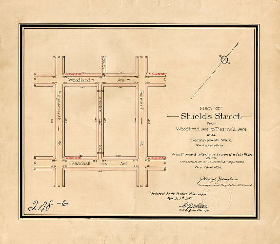 Plan, Plan of Shields St. from Woodland Ave. to Paschall Ave. in the Twenty-seventh Ward, Philadelphia, as authorized to be placed upon the City Plan by ordinance of Councils approved Dec. 16th, 1896 [ Confirmed March 1, 1897]