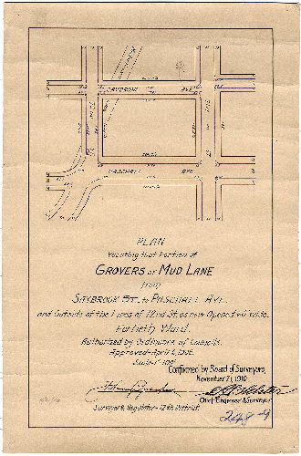 Plan, Plan vacating that portion of Grovers or Mud Lane from Saybrook St. to Paschall Ave. and outside of the lines of 72nd St. as now opened 60' wide [Ordinance April 6, 1908; confirmed Nov. 21, 1910]