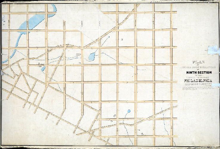 Plan (alternate image), Plan of line and grade regulation of Ninth Section of the Twenty-third Ward Philadelphia. [Ordinance Feb. 16, 1869; not confirmed. Note on reverse: "This plan has been superseded"]