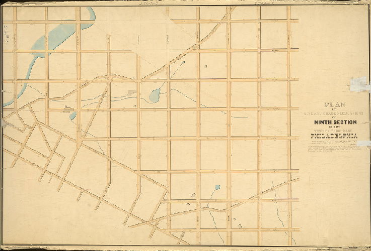 Plan, Plan of line and grade regulation of Ninth Section of the Twenty-third Ward Philadelphia. [Ordinance Feb. 16, 1869; not confirmed. Note on reverse: "This plan has been superseded"]
