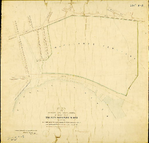 Plan (alternate image), Plan of the survey and regulation of that part of the Twenty-seventh Ward Philadelphia lying between the Alms-House Property and Mill Creek and Woodland Street and the Schuylkill River [Ordinance July 10, 1865; survey returned March 1872; confirmed Sept. 2, 1872] 