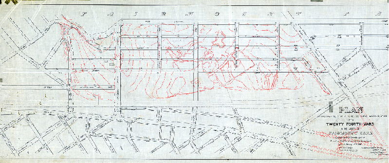 Plan, Plan of the First Section of the revised survey and regulation of the Twenty-fourth Ward in the vicinity of Fairmount Park. [Resolution Feb. 16, 1869; survey returned Dec. 29, 1871; confirmed Oct. 7, 1872. Plan only shows topographic coverage. See 266-03_MTD for full plan] 