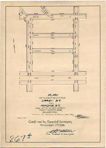 Plan, Plan for placing on the City Plan Carey St. and Airdrie St., from 19th St. to 20th Street, Thirty-eighth Ward, Philadelphia [Ordinance June 12, 1914; confirmed Nov. 2, 1914]