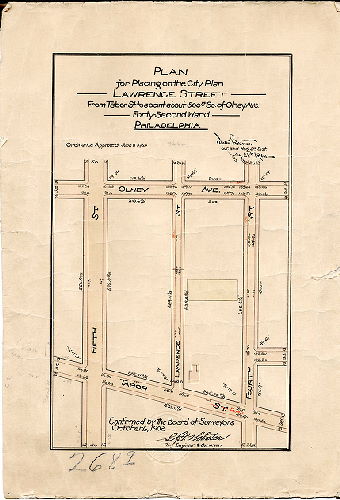 Plan, Plan for placing on the City Plan Lawrence Street from Tabor St. to a point about 500 ft. so. of Olney Ave., Forty-second Ward, Philadelphia [Ordinance June 11, 1902; survey returned July 21, 1902; no confirmation date]