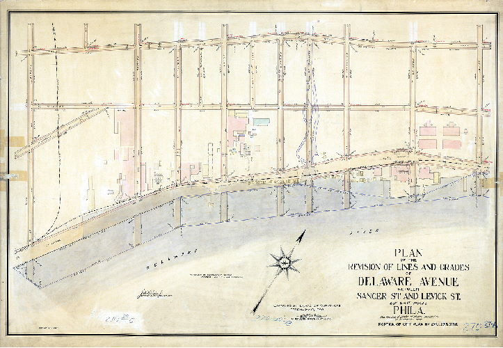 Plan (alternate image), Plan of the revision of lines and grades of Delaware Avenue between Sanger St. and Levick St., 23rd & 41st Wards Phila., also revision of grades of streets adjacent to or intersecting same. Portion of City Plan No. 270, 278, 258. [Ordinances July 7, 1914 and Sept. 27, 1918; confirmed Feb. 16, 1920]