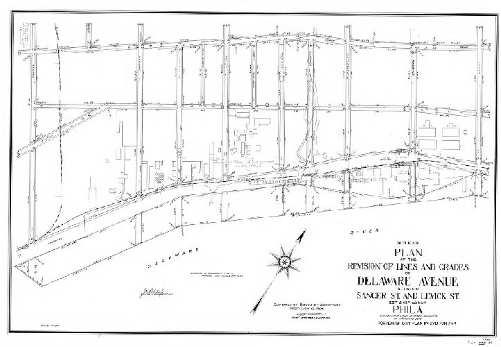 Plan, Duplicate. Plan of the revision of lines and grades of Delaware Avenue between Sanger St. and Levick St., 23rd & 41st Ward, Phila., also revision of grades of streets adjacent to or intersection same. Portion of City Plan No. 270, 278, 258. [Ordinances July 7, 1914 and Sept. 27, 1915; confirmed Feb. 16, 1920]