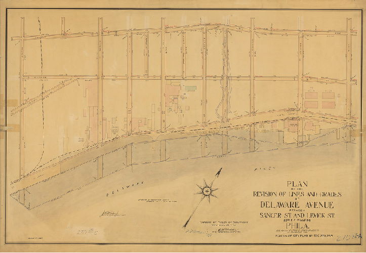 Plan, Plan of the revision of lines and grades of Delaware Avenue between Sanger St. and Levick St., 23rd & 41st Wards Phila., also revision of grades of streets adjacent to or intersecting same. Portion of City Plan No. 270, 278, 258. [Ordinances July 7, 1914 and Sept. 27, 1918; confirmed Feb. 16, 1920]