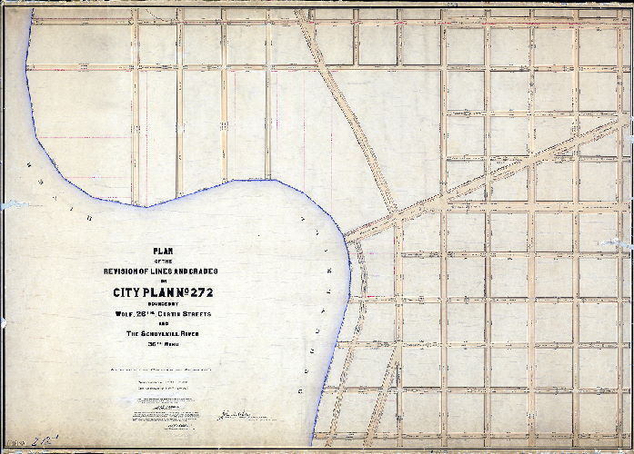 Plan (alternate image), Plan of the revision of lines and grades on City Plan No. 272 bounded by Wolf, 26th, Curtin Streets and the Schuylkill River. 36th Ward. [Ordinances Dec. 19, 1892 and Dec. 28, 1895; confirmed Sept. 16 and Oct. 21, 1912]