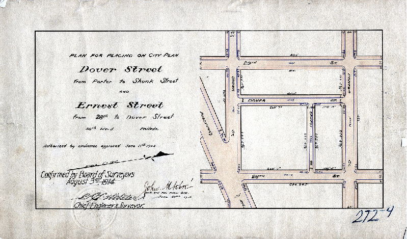 Plan, Plan for placing on City Plan Dover Street from Porter to Shunk Street and Ernest Street from 28th to Dover Street. [Ordinance June 11, 1903; survey returned June 22, 1903; confirmed Aug. 3, 1914]