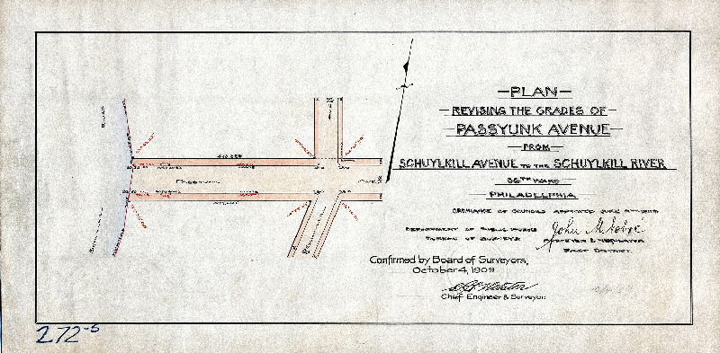Plan, Plan revising the grades of Passyunk Avenue from Schuylkill Avenue to the Schuylkill River. [Ordinance June 8, 1909; confirmed Oct. 4, 1909]