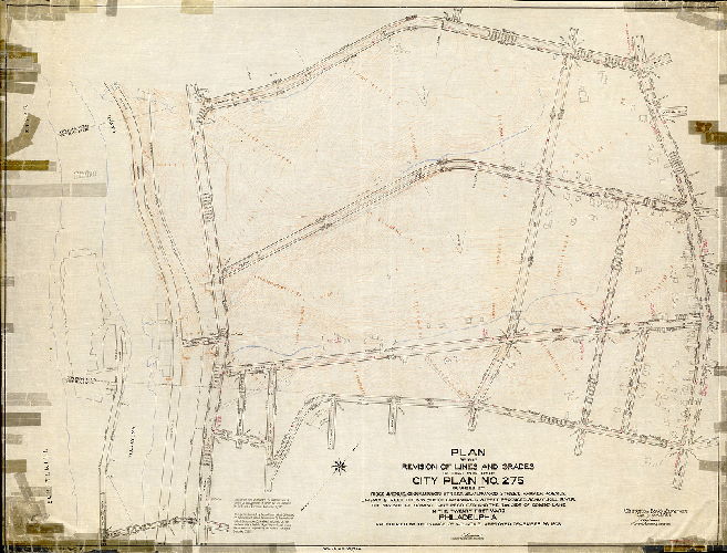 Plan (alternate image), Plan of the revision of lines and grades of that portion of City Plan No. 275 bounded by Ridge Avenue, Cinnaminson Street, Silverwood Street, parker Avenue, Umbria Street … Schuylkill River … and the N.W. side of Domino Lane, in the Twenty-first Ward, Philadelphia. [Ordinance Dec. 28. 1905; confirmed Sept. 8, 1924]