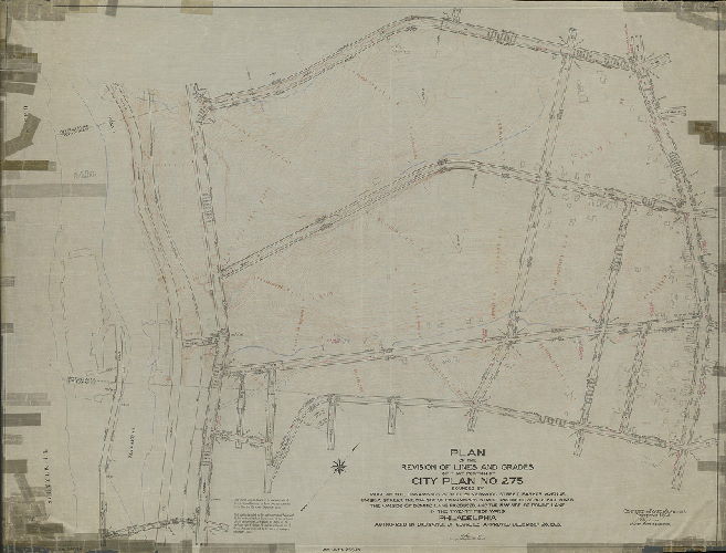 Plan, Plan of the revision of lines and grades of that portion of City Plan No. 275 bounded by Ridge Avenue, Cinnaminson Street, Silverwood Street, parker Avenue, Umbria Street … Schuylkill River … and the N.W. side of Domino Lane, in the Twenty-first Ward, Philadelphia. [Ordinance Dec. 28. 1905; confirmed Sept. 8, 1924]