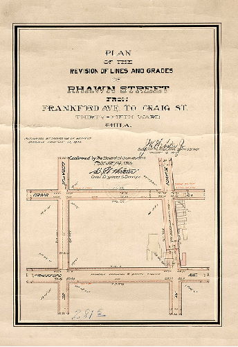 Plan, Plan of the revision of lines and grades of Rhawn Street from Frankford Ave. to Craig St., Thirty-fifth Ward, Phila. [Ordinance Nov. 10, 1900; survey returned Jan. 19, 1901; confirmed Feb. 4, 1901]