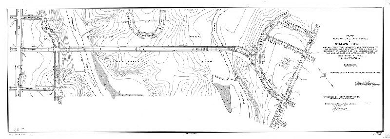 Plan, Plan revising lines and grades of Rhawn Street and all territory adjacent and contiguous to the bridges over Pennypack Creek as may be necessary on account of the construction of the said bridges and approaches thereto. Thirty-fifth Ward, Philadelphia. Portions of City Plans Nos. 281, 290, 325, 339 and 369 [Ordinance Aug. 6, 1926; advertised Sept. 6, 1927; confirmed Feb. 6, 1928]