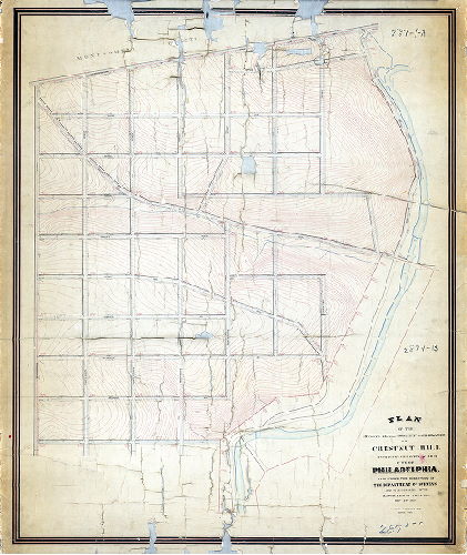 Plan (alternate image), Plan of the Seventh Section of the survey and regulation of Chestnut Hill, Twenty-second Ward, City of Philadelphia, made under the direction of the Department of Surveys and in accordance with resolution of Councils Nov. 29th, 1873. [Confirmation date not noted]