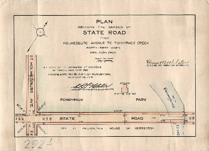 Plan, Plan revising the grades of State Road from Holmesburg Avenue to Pennypack Creek, Forty-first Ward, Philadelphia [Ordinance June 24, 1913; confirmed Aug. 18, 1913]