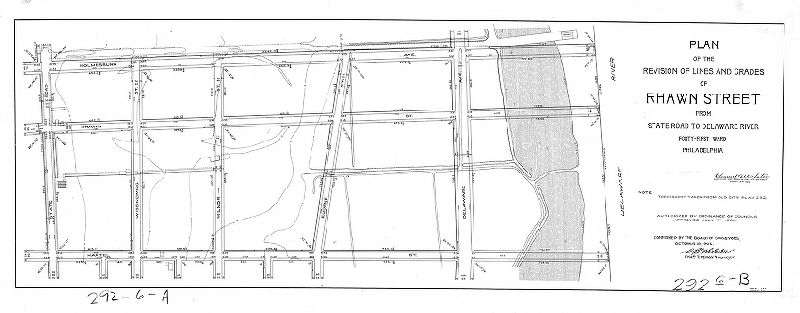 Plan, Plan of the revision of lines and grades of Rhawn Street from State Road to Delaware River [Ordinance July 7, 1908; survey returned Aug. 21, 1908; confirmed Oct. 19, 1908] 