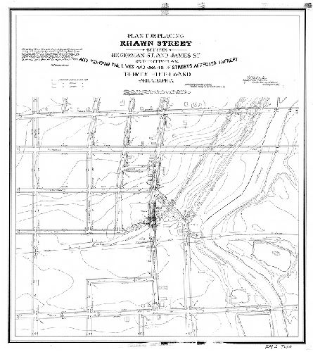 Plan, Plan for placing Rhawn Street between Hegerman St. and James St. on the City Plan and revising the lines and grades of streets affected thereby. Thirty-fifth Ward, Philadelphia [Ordinances Jan. 30 and Dec. 16, 1896; survey returned Jan. 15, 1897; confirmed March 1, 1897]