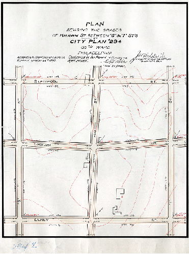 Plan, Plan revising the grades of Rhawn St. between "G" & "I" Sts. on City Plan #294, 35th Ward Philadelphia [Ordinance Oct. 25, 1893; survey returned Jan. 16, 1894; confirmed April 2, 1894]