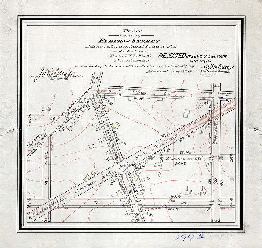 Plan, Plan for placing Elberon Street between Stanwood and Rhawn Sts. on the City Plan, Thirty-fifth Ward, Philadelphia [Ordinance April 13, 1896; survey returned July 27, 1896; rejected by Board of Surveyors May 19, 1901]