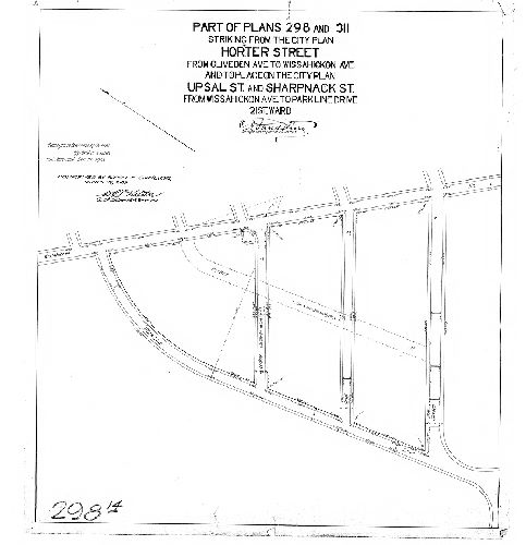 Plan, Part of Plans 298 and 311, striking from the City Plan Horter [Hortter] Street from Cliveden Ave. to Wissahickon Ave. and to place on the City Plan Upsal St. and Sharpnack St. from Wissahickon Ave. to Park Line Drive, 21st Ward [Ordinance June 13, 1906 and amended Dec. 21, 1908; confirmed March 29, 1909]