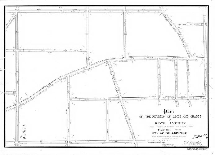 Plan, Plan of the revision of lines and grades of Ridge Avenue from Fountain Street to Domino Lane, Twenty-first Ward, City of Philadelphia [Resolution April 2, 1887; confirmed Dec. 3, 1888]