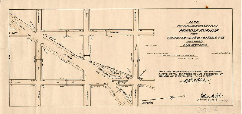 Plan, Plan for placing on the City Plan Penrose Avenue from Curtin St. to New Penrose Ave. 36th Ward, Philadelphia. [Ordinance Jan. 26, 1907; plan made Feb. 11, 1907; confirmed March 25, 1907] 