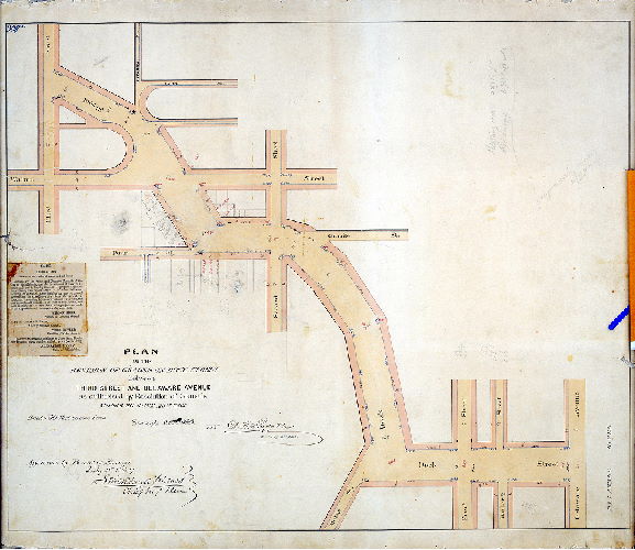 Plan (alternate image), Plan of the revision of grades on Dock Street between Third Street and Delaware Avenue. [Resolution June 23, 1862; surveyed Dec. 1862; confirmed July 1, 1864]