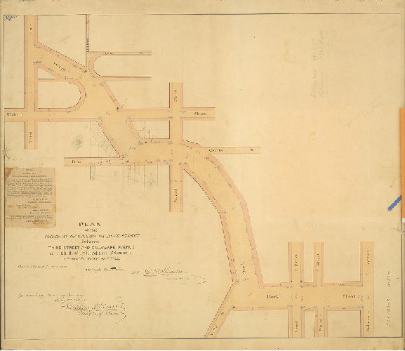 Plan, Plan of the revision of grades on Dock Street between Third Street and Delaware Avenue. [Resolution June 23, 1862; surveyed Dec. 1862; confirmed July 1, 1864]